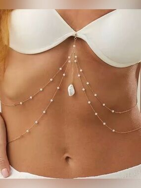 Anthropologie Gold Multi-Chain Body Necklace with White Pearls